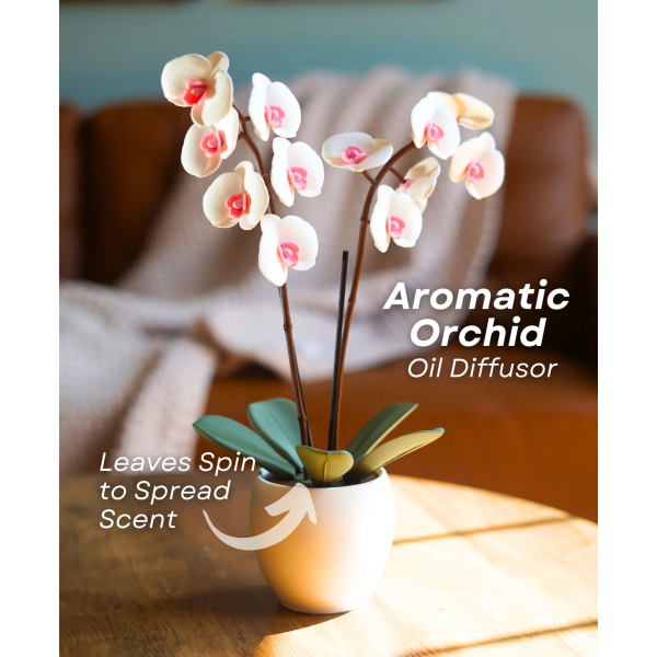 Aromatic Orchid - Intermediate, a 3D-printed orchid oil diffuser with spinning leaves and an incense holder for a calming fragrance experience.